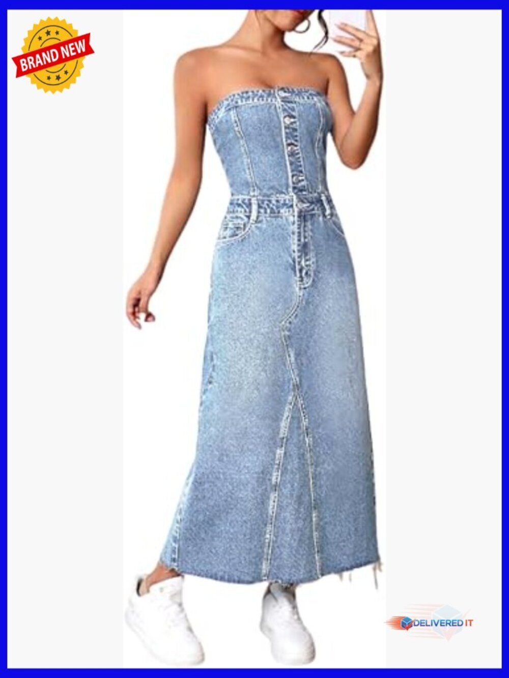 Strapless Denim Tube Dress Smocked Back Sleeveless Midi Jean Dress